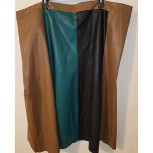 Ava & Viv Brown Black Green Tri-Color Pleather A-Line Midi Skirt 26W Plus Lined